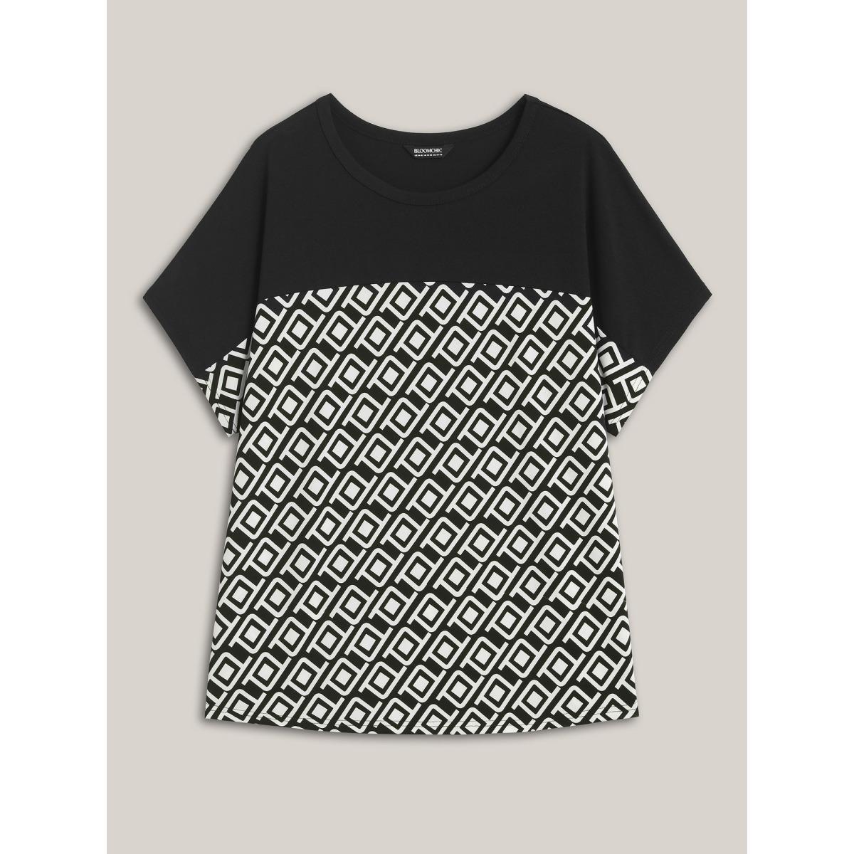 Plus Size Geometric Print Spliced Crew Neck T-Shirt Black Women Casual Contrast Round Neck Everyday T-shirts BloomChic 22-24/3X Product Image
