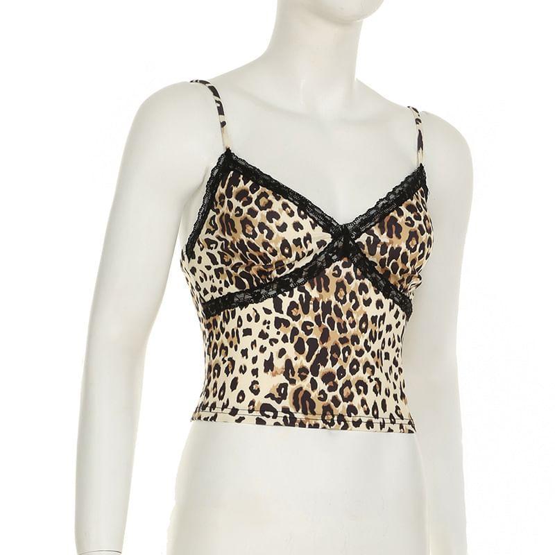 Leopard Print Lace Trim Cropped Cami Top Product Image