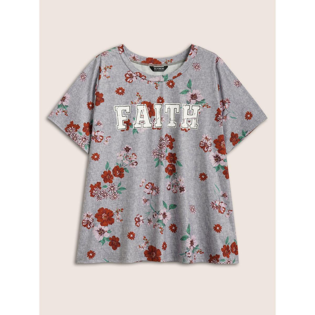 Plus Size Natural Flowers & Letter Print Crew Neck T-shirt Mediumgray Women Casual Contrast Natural Flowers Round Neck Everyday T-shirts BloomChic 14-16/1X Product Image