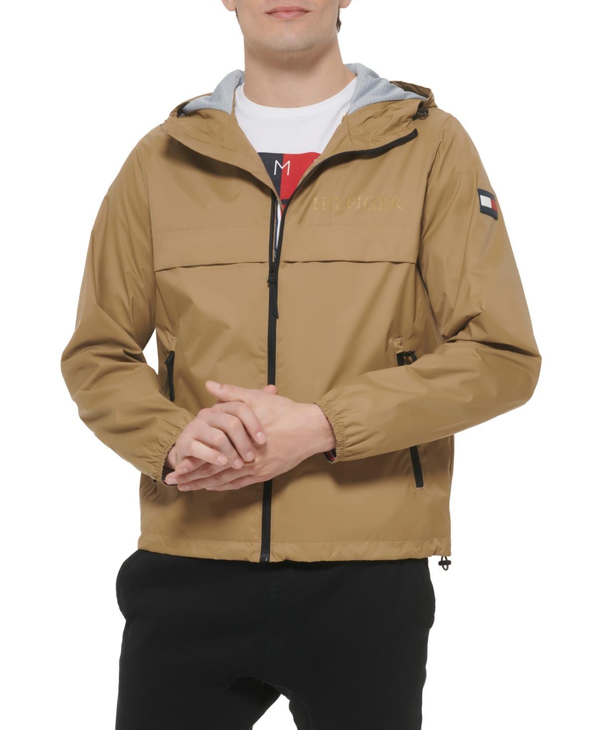 Men's Tommy Hilfiger Logo Patch Hooded Rain Jacket, Size: Medium, Black Red Combo Product Image