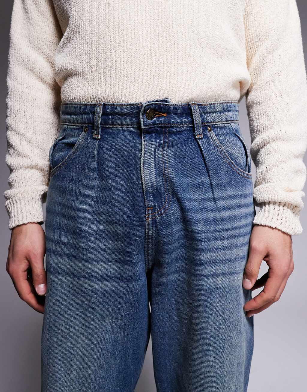 ASOS DESIGN balloon fit jeans with vintage tint in mid dark wash blue Product Image