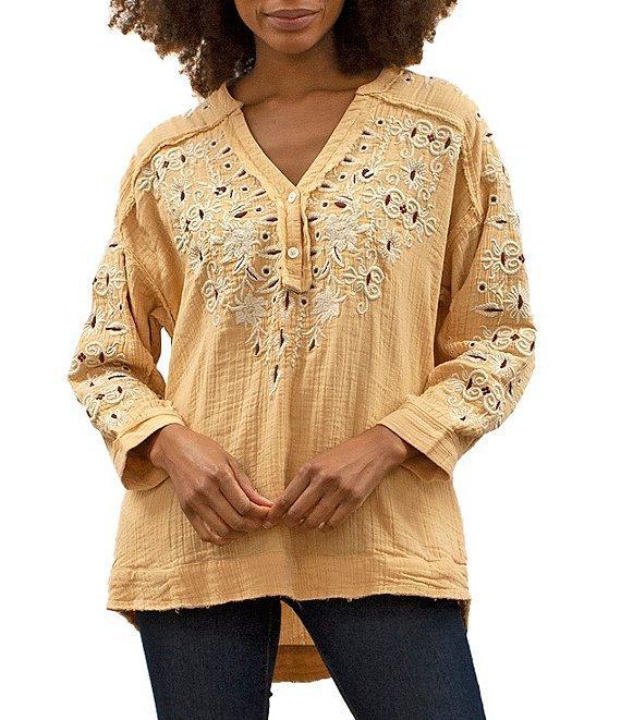 75813   Joan Vintage Inspired Floral Embroidered Long Sleeve Split V-Neck Raw High-Low Hem Boho Chic Tunic by Caite & Kyla Product Image