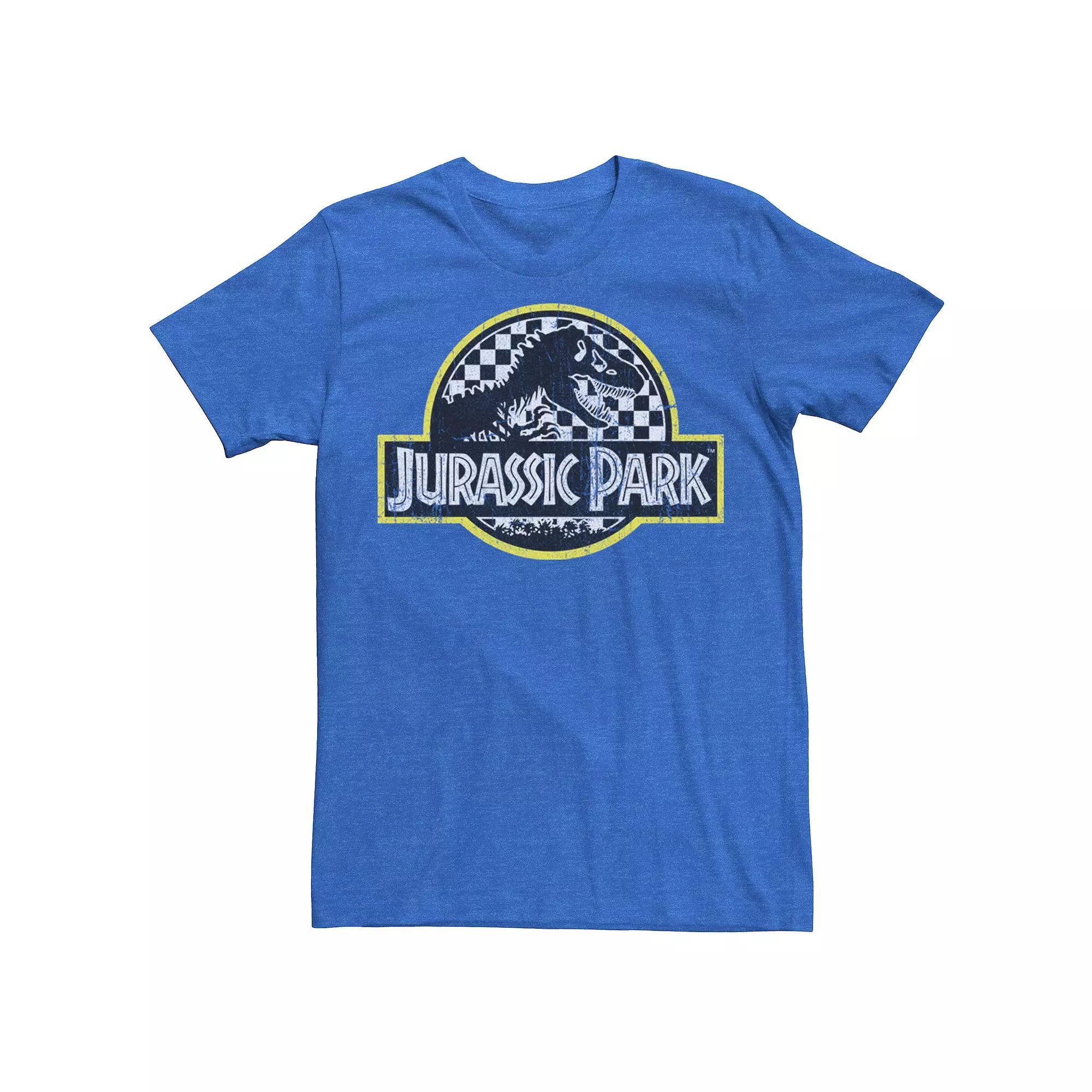 Men's Jurassic Park Checkered Classic Logo Tee, Size: Large, Royal Grey Product Image