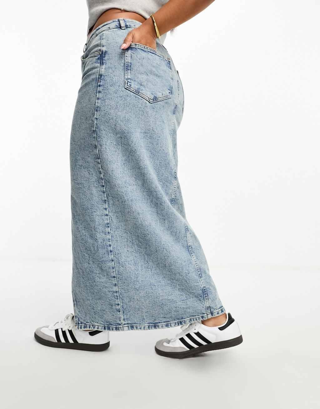 ASOS DESIGN Curve denim midi skirt with split hem Product Image