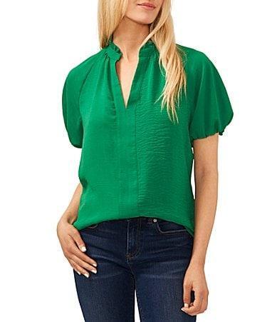 CeCe Drapey Gauze Ruffled Split V-Neck Short Puffed Sleeve Blouse Product Image