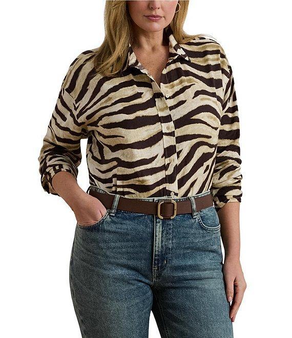 Lauren Ralph Lauren Plus Size Linen Zebra Print Point Collar Long Sleeve Button-Front Shirt Product Image