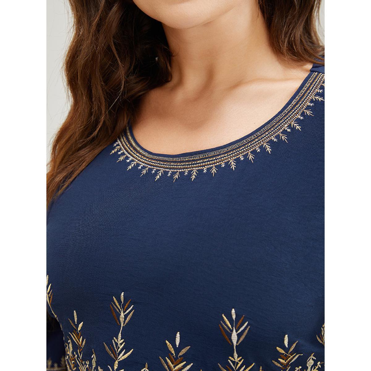 Plus Size Plant Embroidered Pocket Ruffle Sleeve Knee Dress Navy Women Vacation Embroidered Round Neck Short sleeve Curvy Knee Dress BloomChic 12/L Product Image