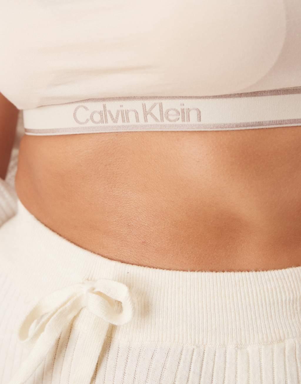 Calvin Klein Tonal Logo Cotton lightly lined scoop bralette with logo band in cream Product Image