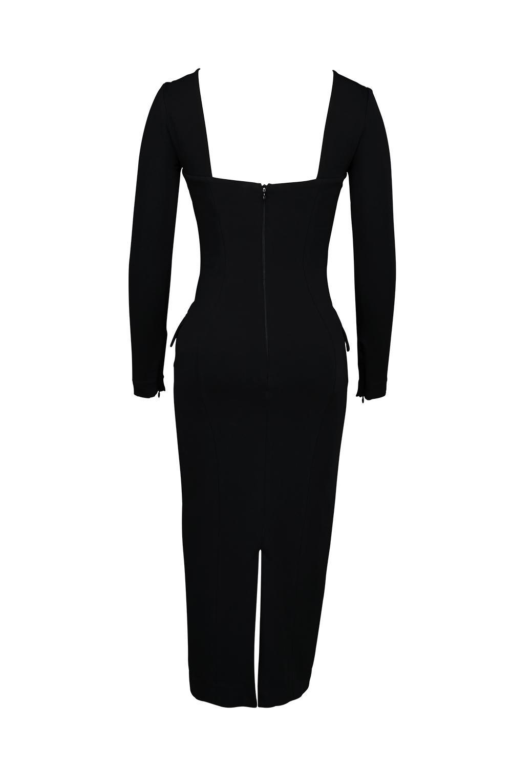 Ella Black Stretch Crepe Long Sleeve Midi Dress Product Image