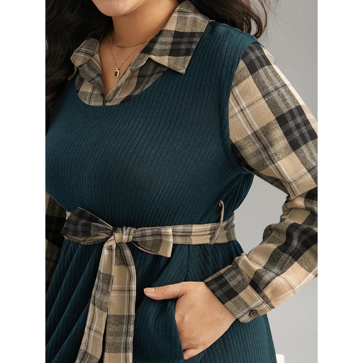 Plus Size Plaid Patchwork Rib Knit Shirt Collar Belted Dress DarkGreen Women Office Printed Shirt collar Long Sleeve Curvy Midi Dress BloomChic 14-16/1X Product Image