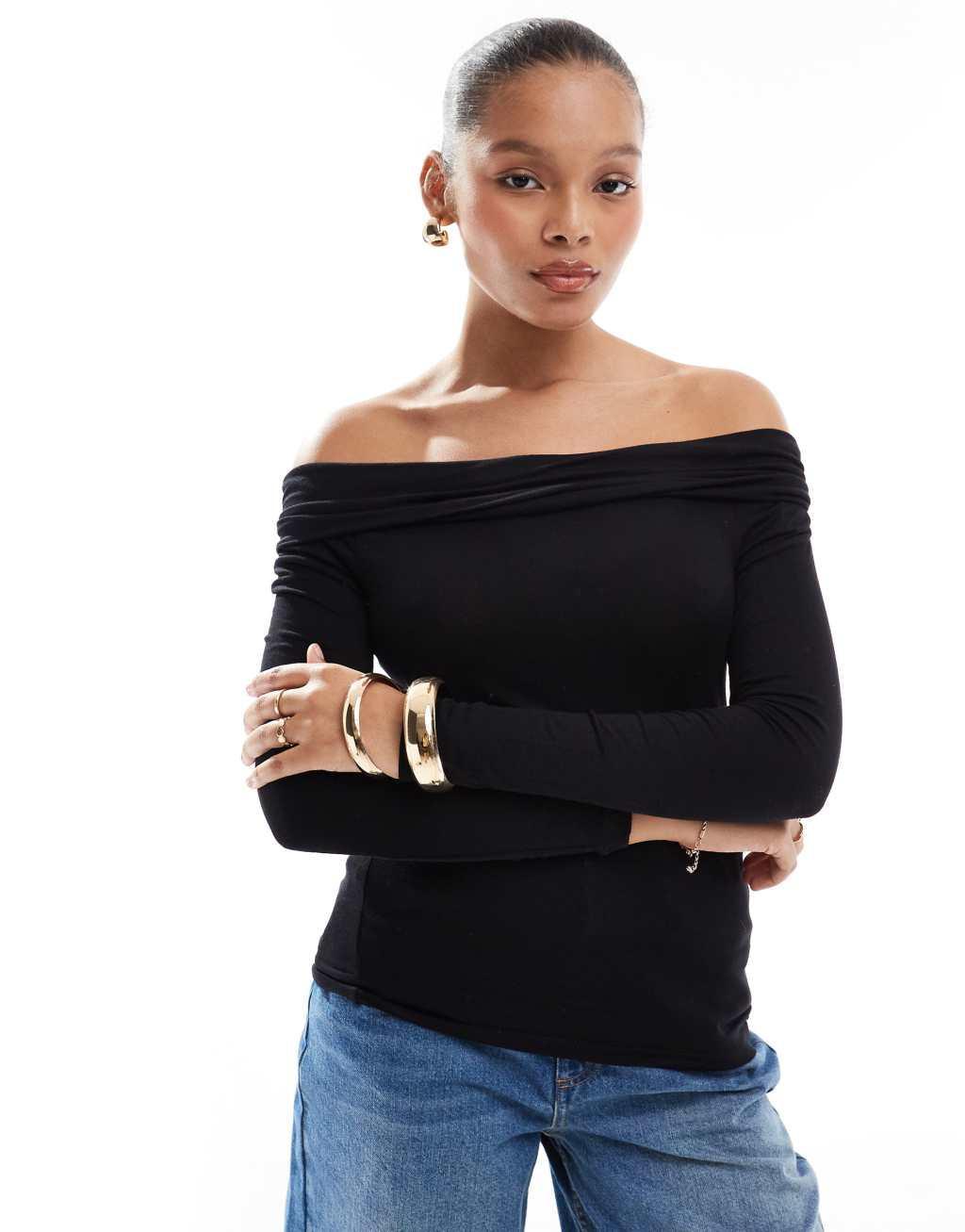 Vila off shoulder foldover jersey top in black Product Image