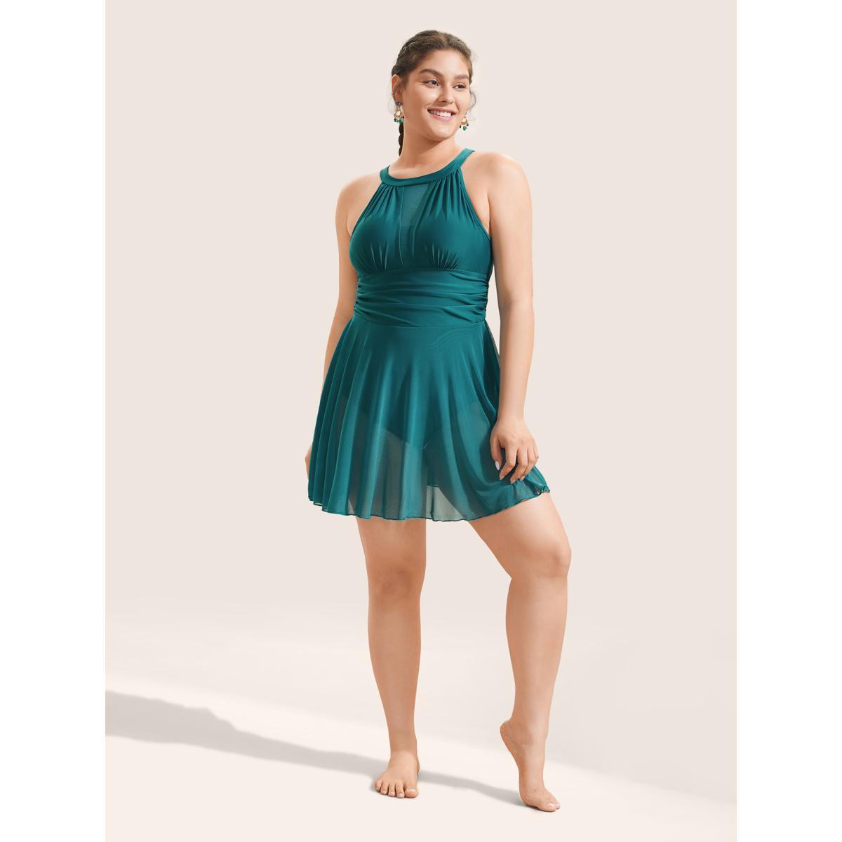 Plus Size Knotted Back Mesh Insert Halter Swim Dress Women's Swimwear Aegean Beach Bodycon Round Neck High stretch Curve Swim Dresses BloomChic 14-16/1X Product Image