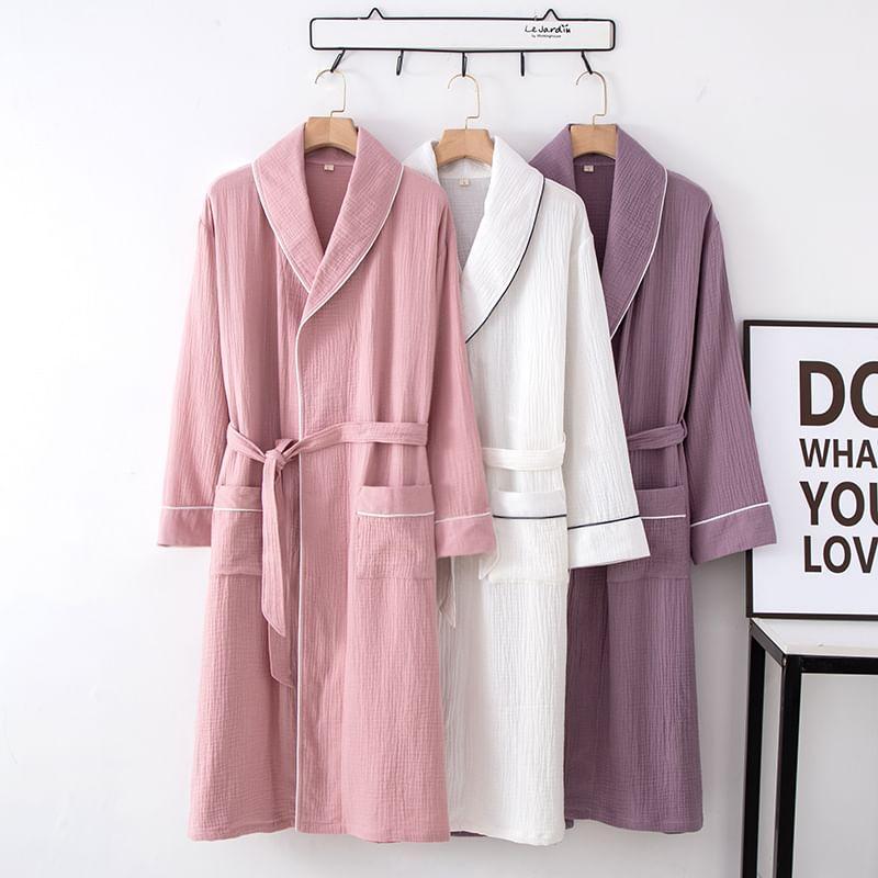 Couple Matching Plain Contrast Trim Tie Waist Pajama Robe (Various Designs) Product Image