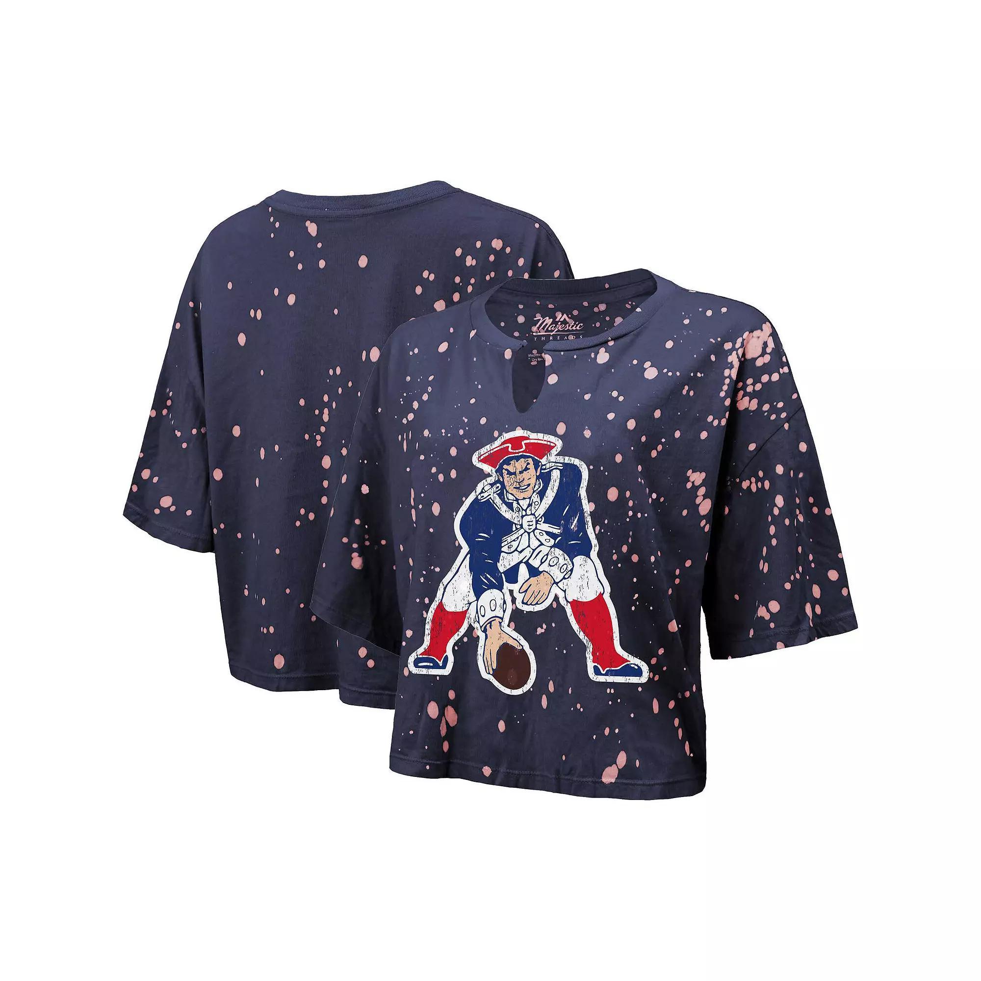 Women's Majestic Threads Navy New England Patriots Bleach Splatter Notch Neck Crop T-Shirt,  Product Image