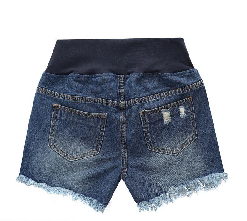 Maternity Low Rise Washed Frayed Distressed Denim Shorts Product Image