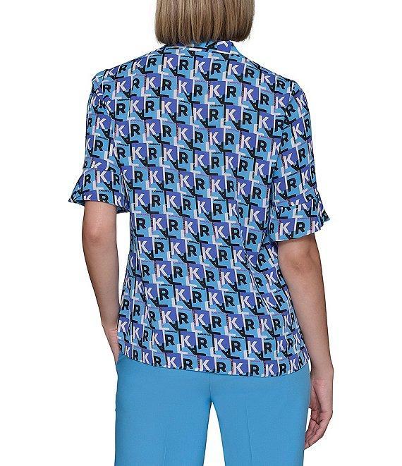 KARL LAGERFELD PARIS Georgette Logo Print Ruffle Front V-Neck Short Sleeve Blouse Product Image