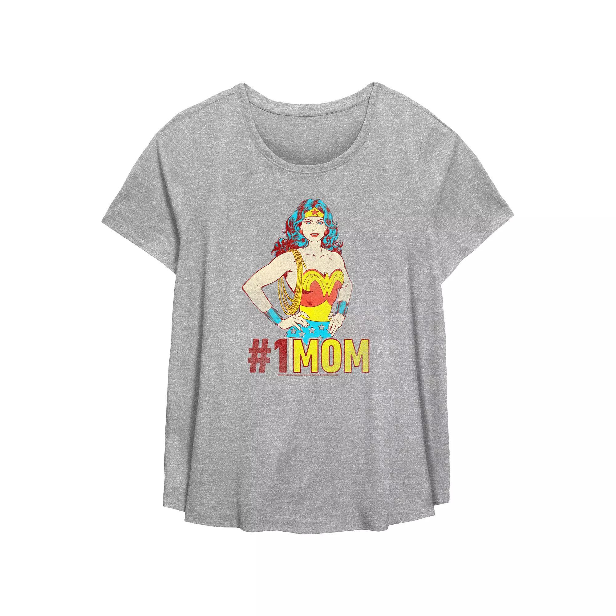 Plus Size Wonder Woman #1 MOM Scoop Hem Flowy Graphic Tee, Women's, Size: 2XL, Grey Gray Product Image