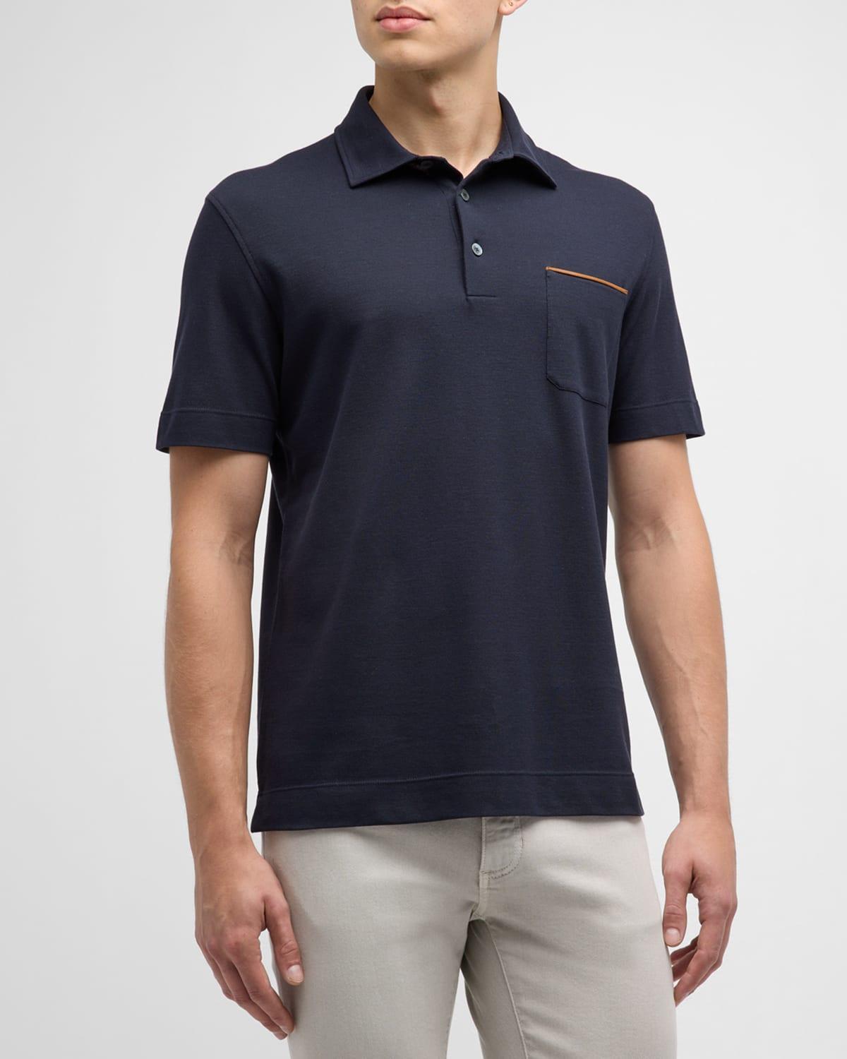 ZEGNA Men's Cotton Polo Shirt With Leather-trim Pocket In Navy Solid Product Image