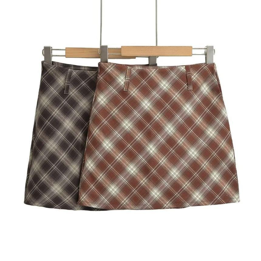 High Waist Plaid Mini A-Line Skirt Product Image