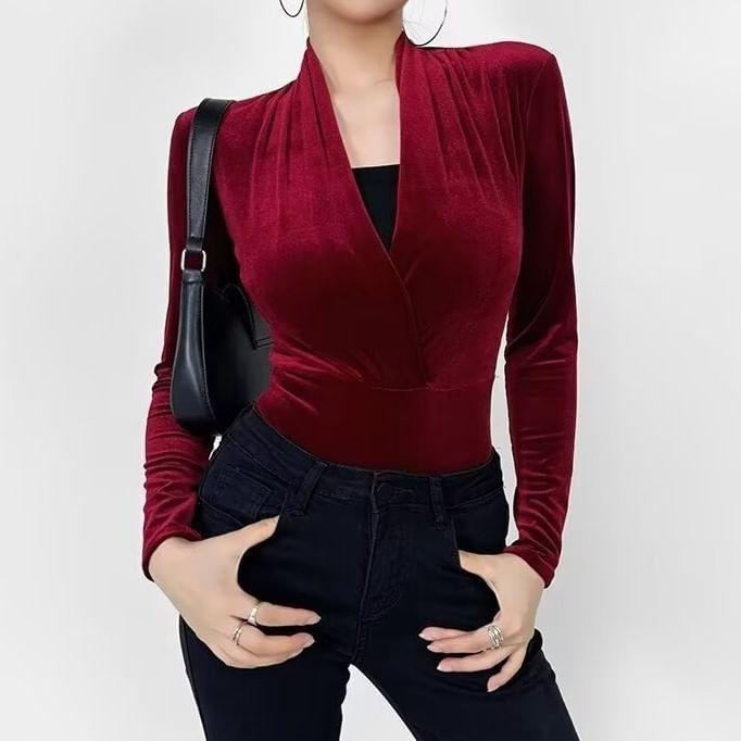 Long Sleeve V-Neck Velvet Bodysuit Top Product Image