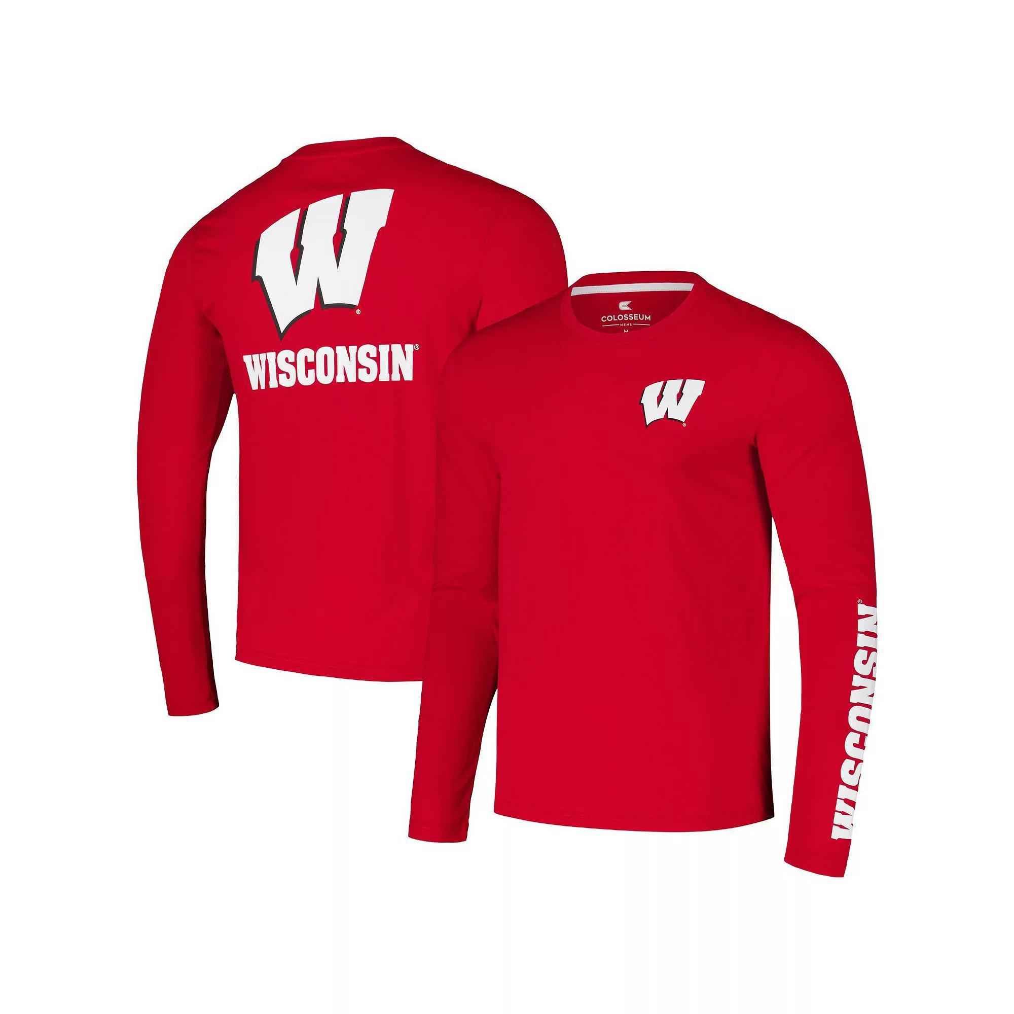 Men's Colosseum Red Wisconsin Badgers Logo Lockup 3-Hit Active Blend Long Sleeve T-Shirt, Size: Large Product Image