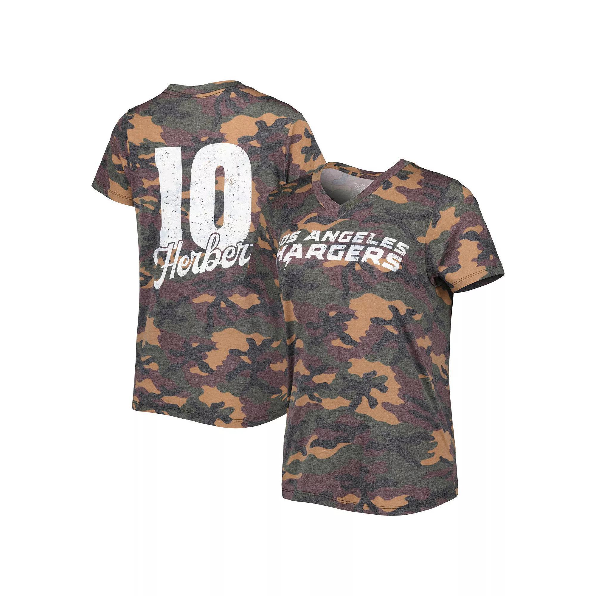 Women's Majestic Threads Justin Herbert Camo Los Angeles Chargers Name & Number V-Neck Tri-Blend T-Shirt,  Product Image