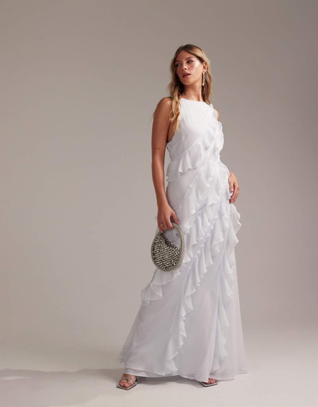 ASOS DESIGN Bridesmaids racer neck bias ruffle maxi dress in light blue Product Image