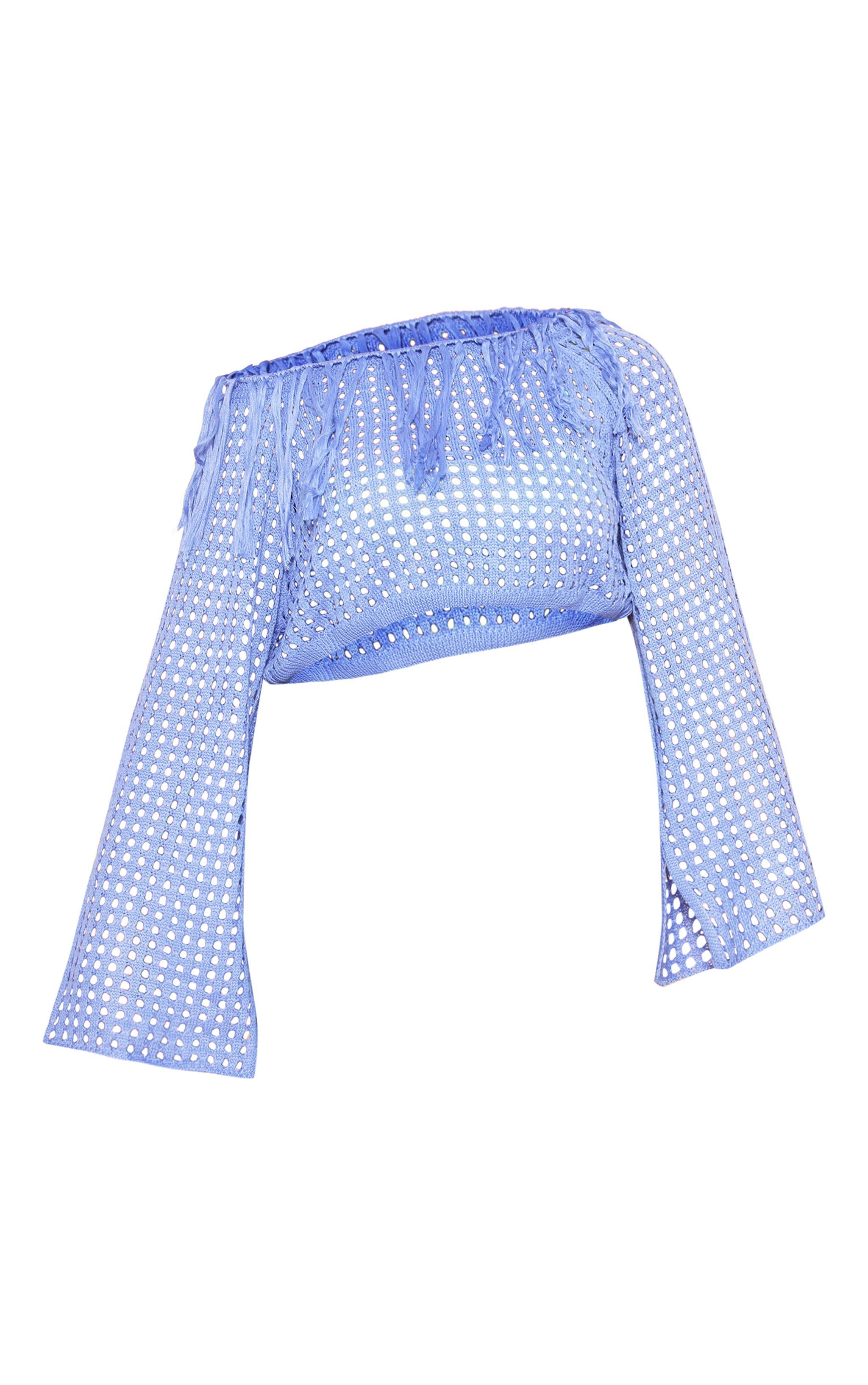 Plus Blue Knitted Cropped Tassel Detail Top Product Image