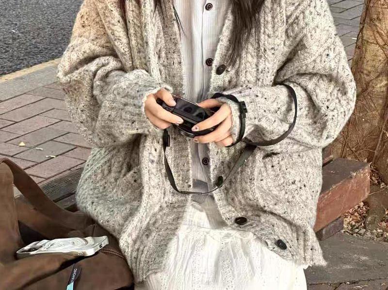 Cable Knit Plain Button-Up Cardigan Product Image