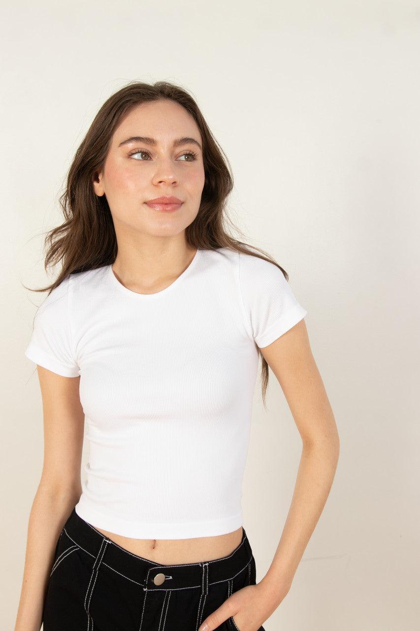 White Seamless Crew Neck Shirt Product Image