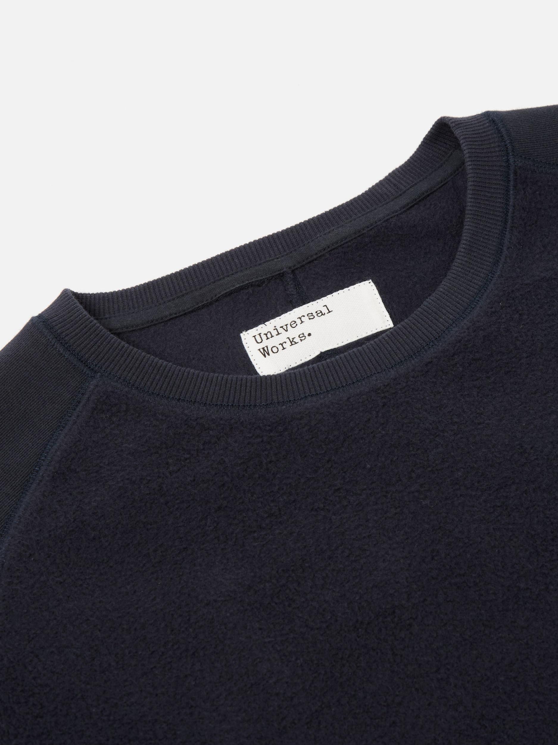 Universal Works Crew Sweat in Navy 'Hotel Deluxe' Embroidered Brush Back Product Image