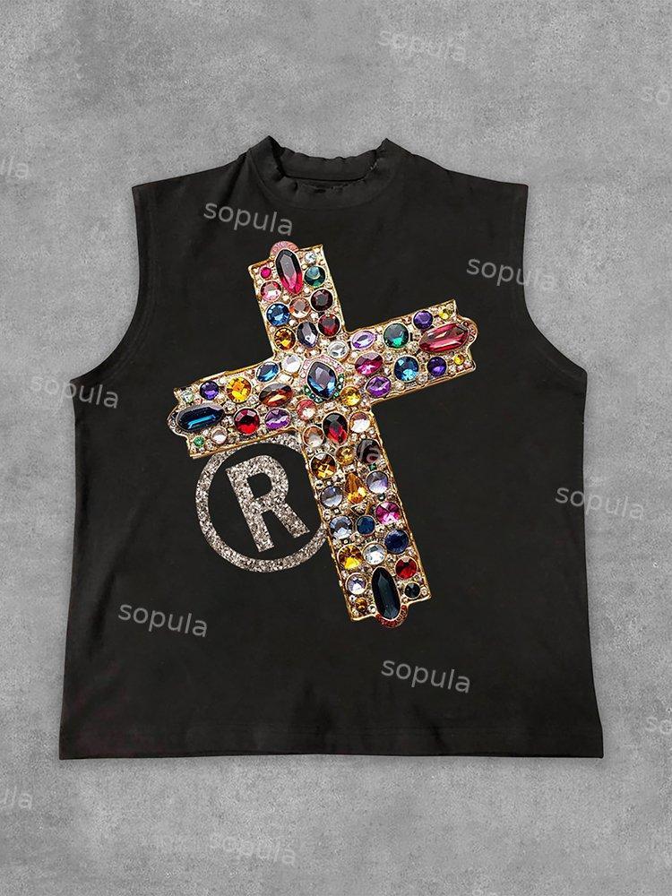 Diamond Cross Graphic Print Casual Cotton Tank Top Product Image