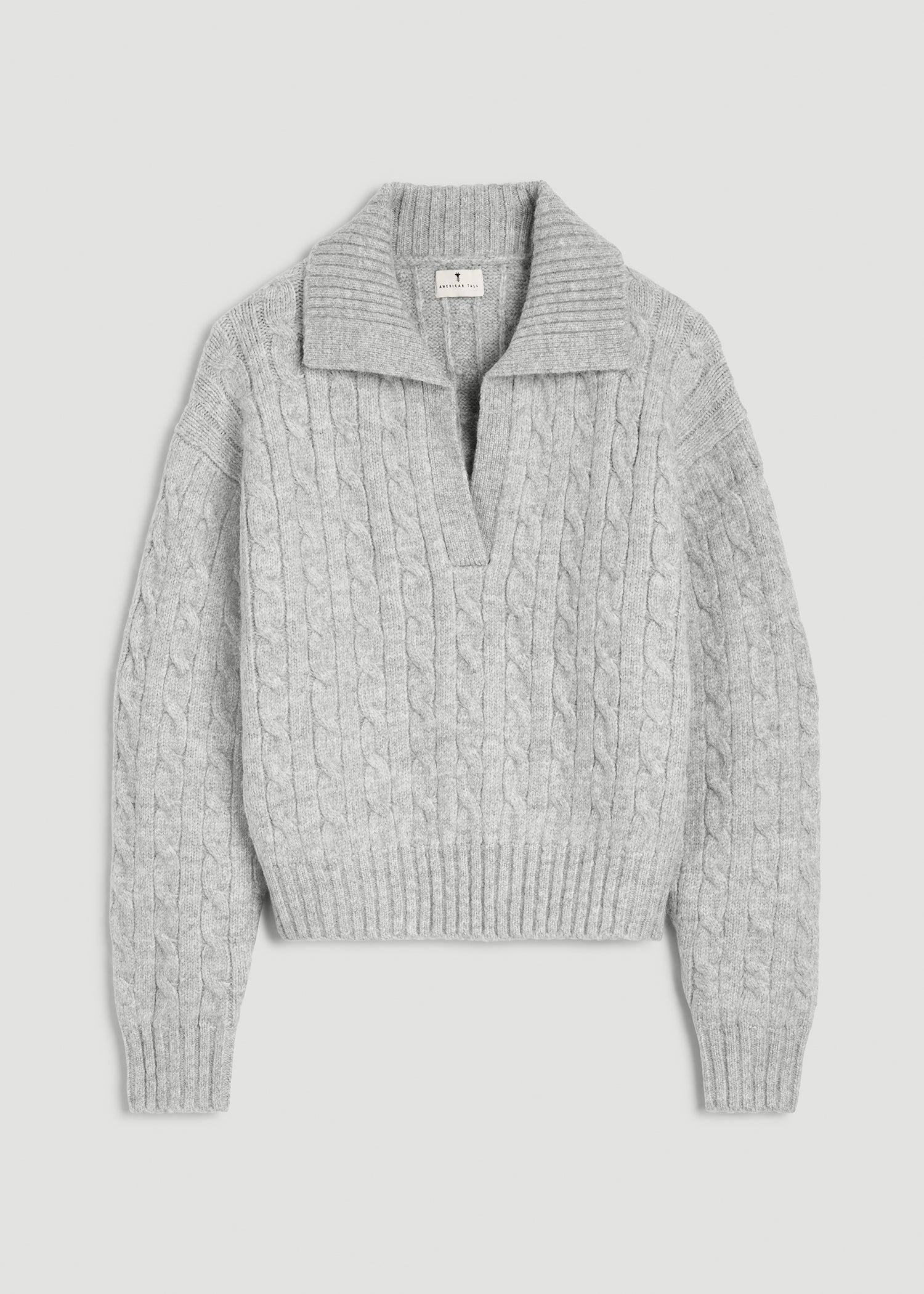Johnny Collar Cable Knit Sweater for Tall Women in Grey Mix Female Product Image