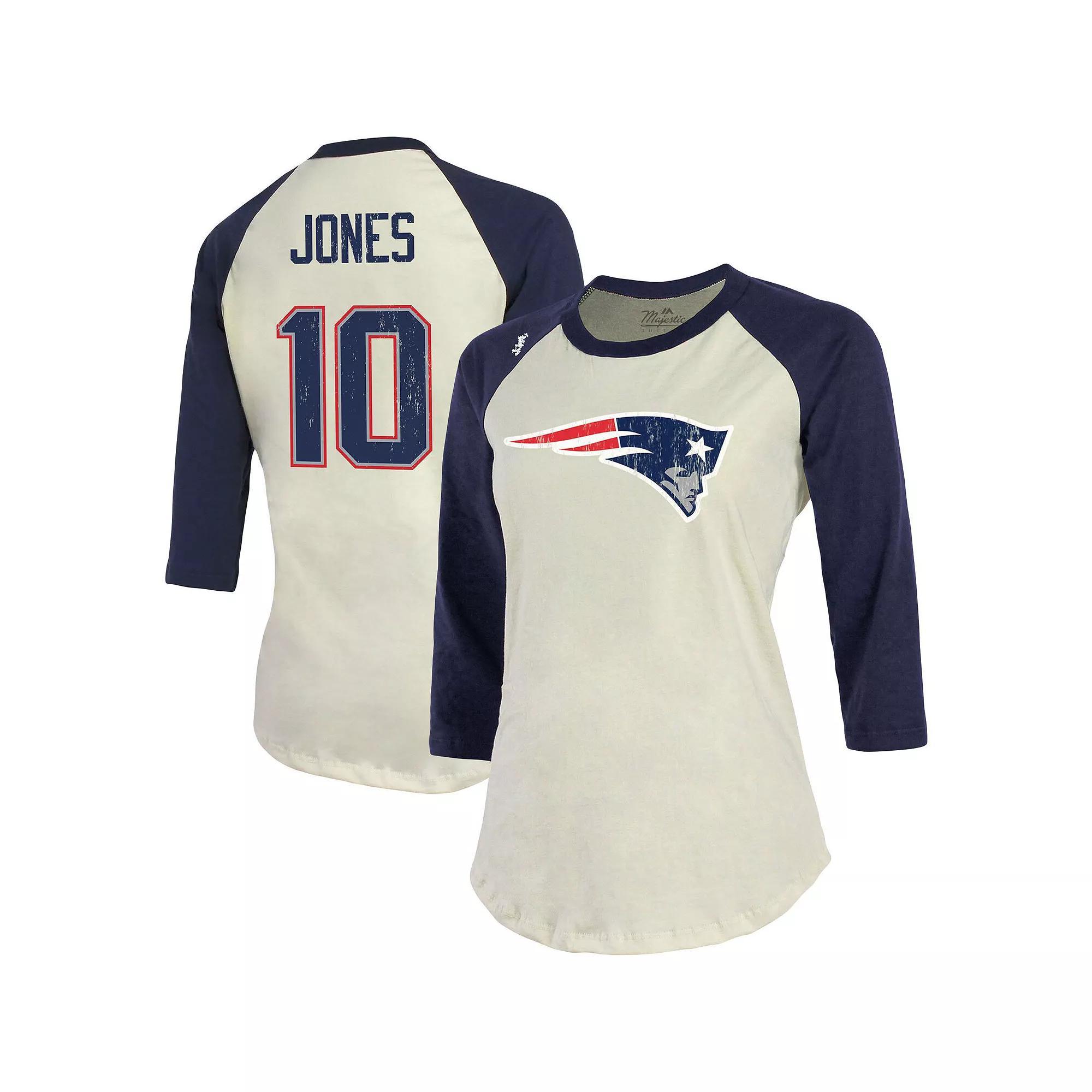 Women's Majestic Threads Mac Jones Cream New England Patriots Player Name & Number Tri-Blend Three-Quarter Sleeve T-Shirt, Size: Large, Beige Product Image