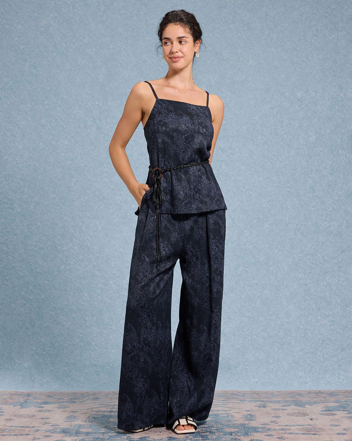Blue Textured Wide Leg Pants Product Image