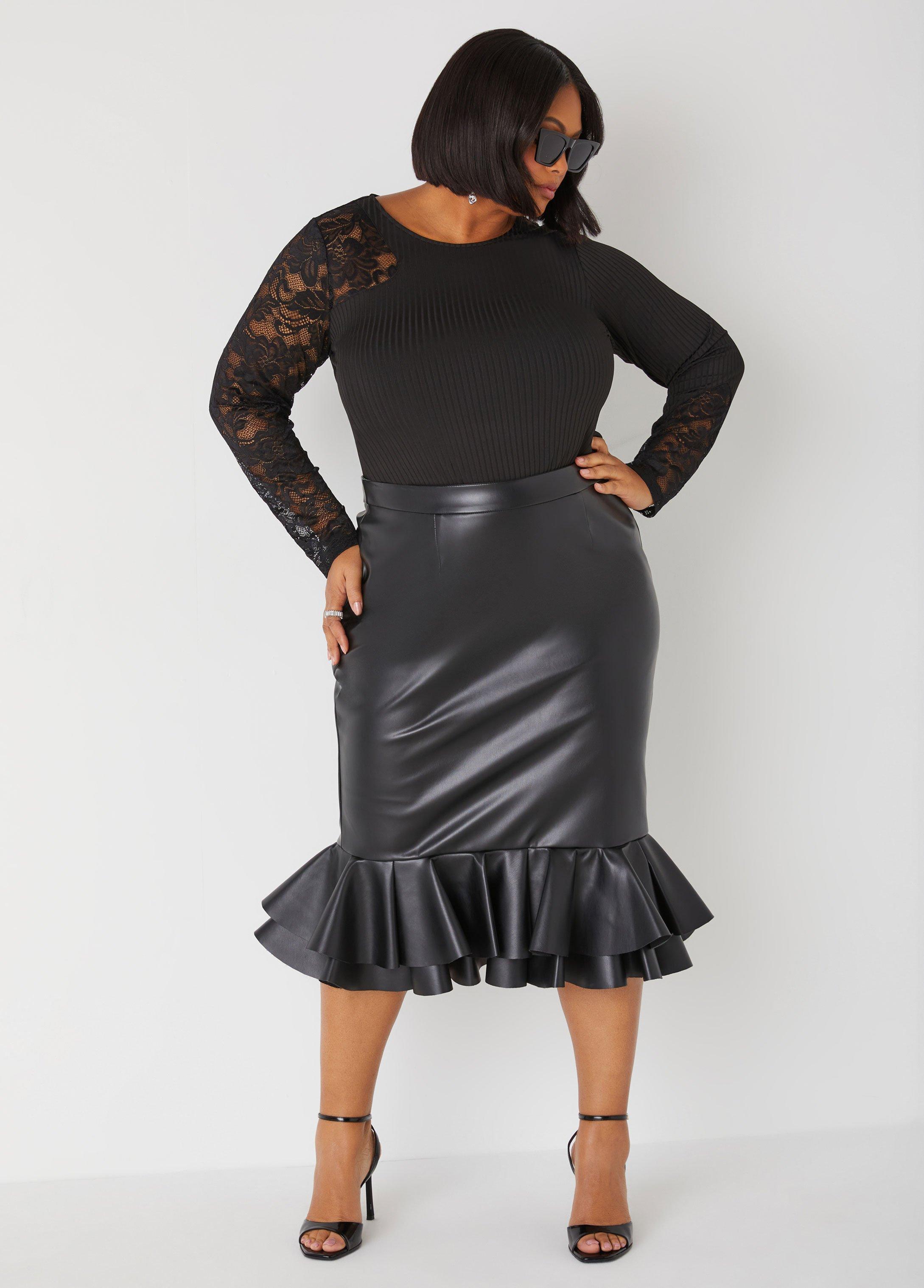 Plus Size Lace Paneled Ribbed Knit Top Ashley Stewart Product Image