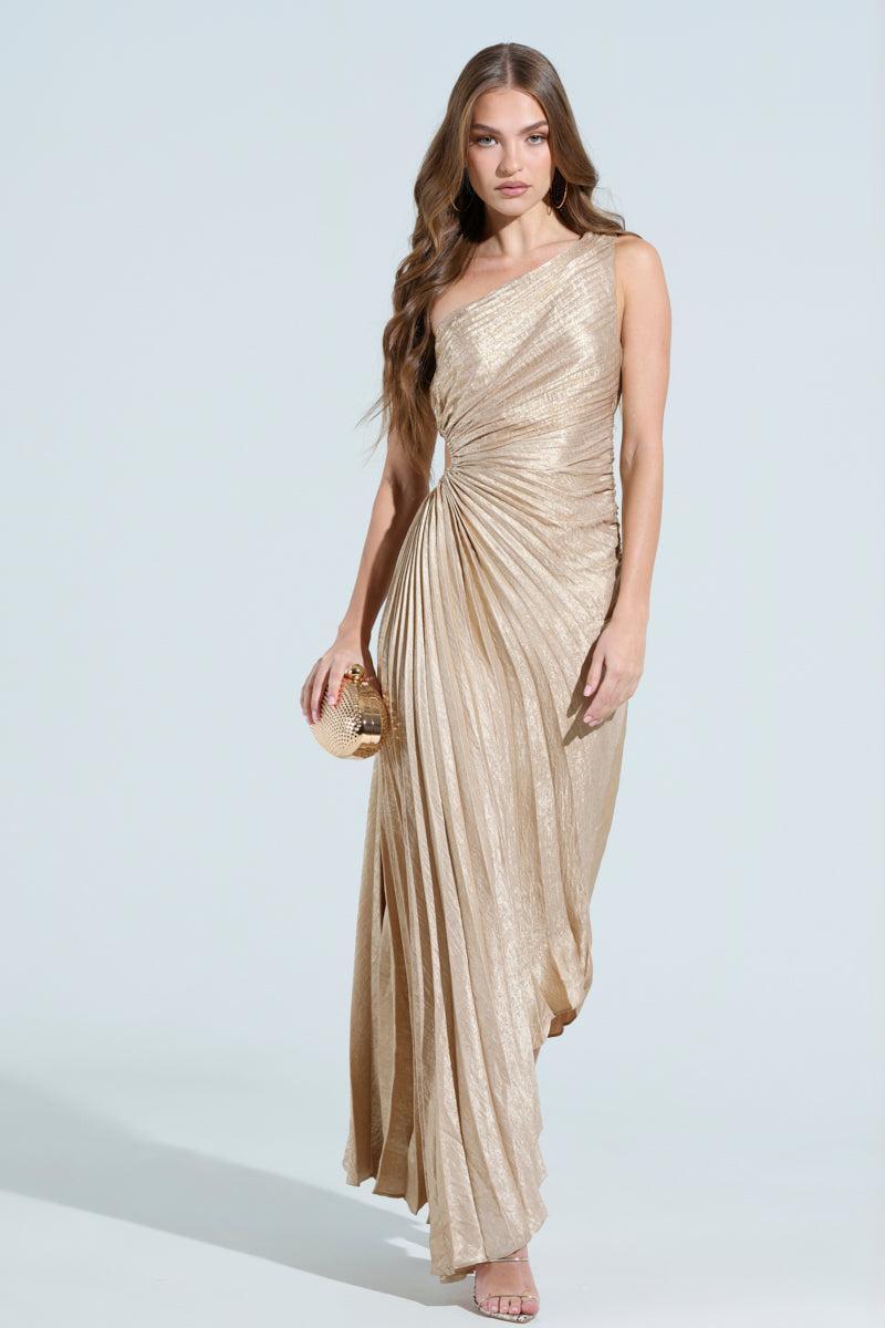 JULIETTE METALLIC PLEATED MIDI DRESS Product Image