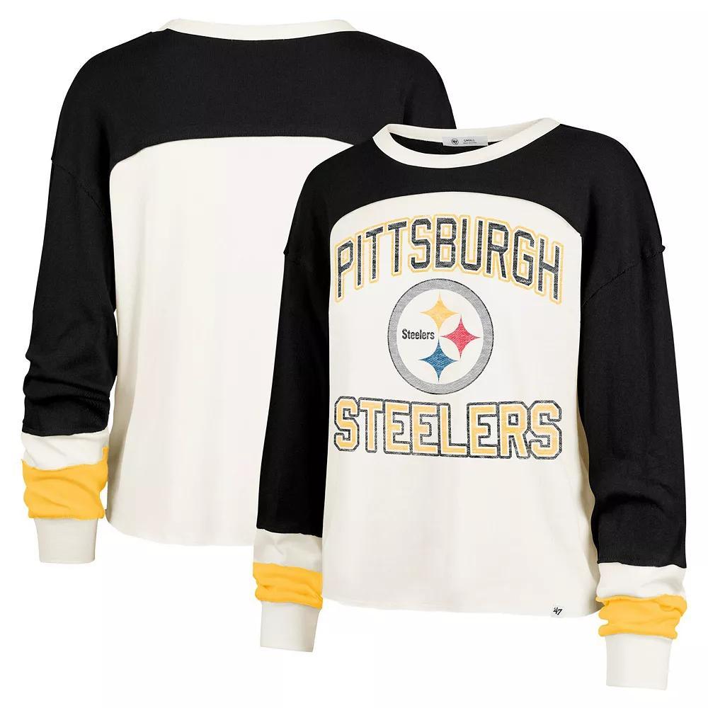 Women's '47 Cream Pittsburgh Steelers Double Header Curve Raglan Long Sleeve Crop Top, Size: Large, Beige Product Image