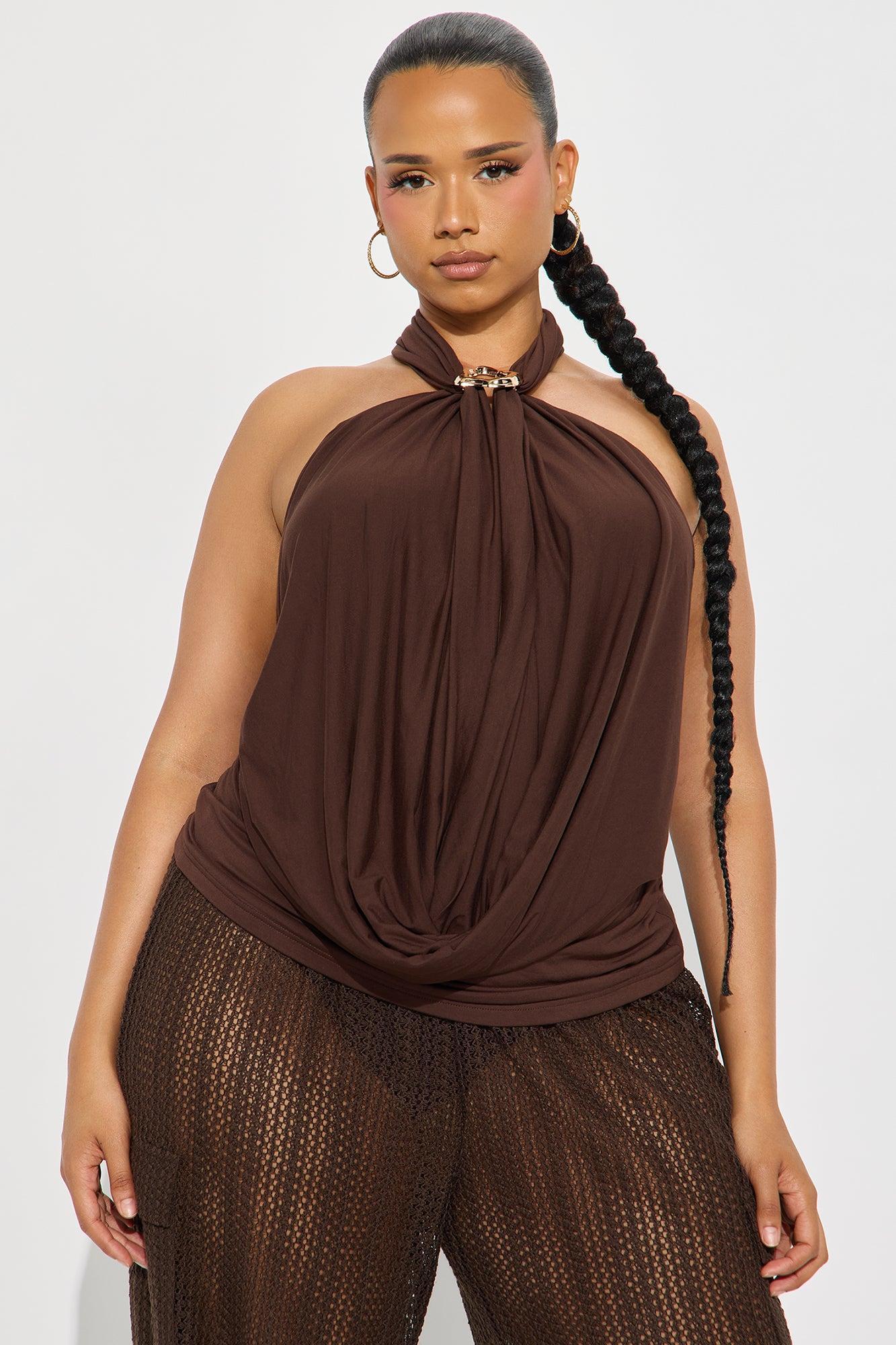 Dreamcatcher Draped Halter Top - Chocolate Female Product Image