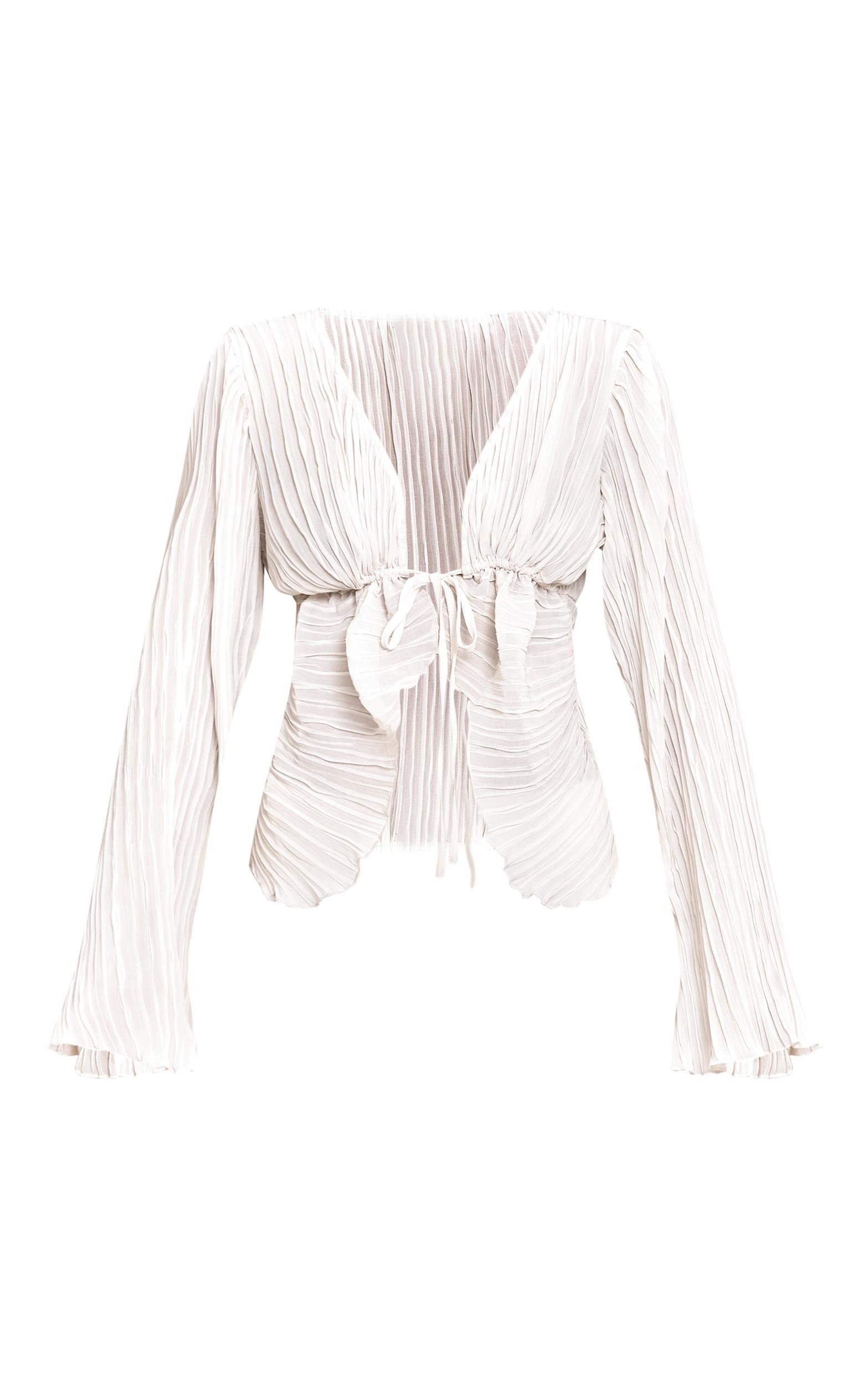 Cream Sheer Plisse Tie Front Flute Sleeve Blouse Product Image