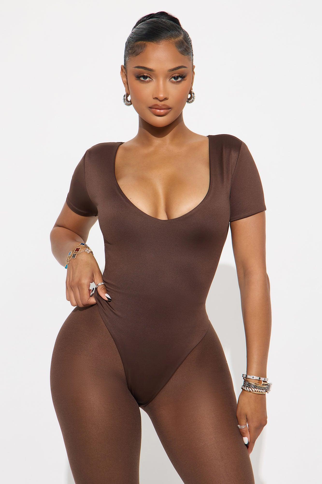 Contour Double Lined Short Sleeve High Cut Bodysuit - Chocolate Female Product Image
