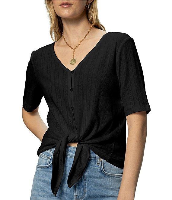 Sanctuary Pointelle V-Neck Short Sleeve Button Front Top Product Image