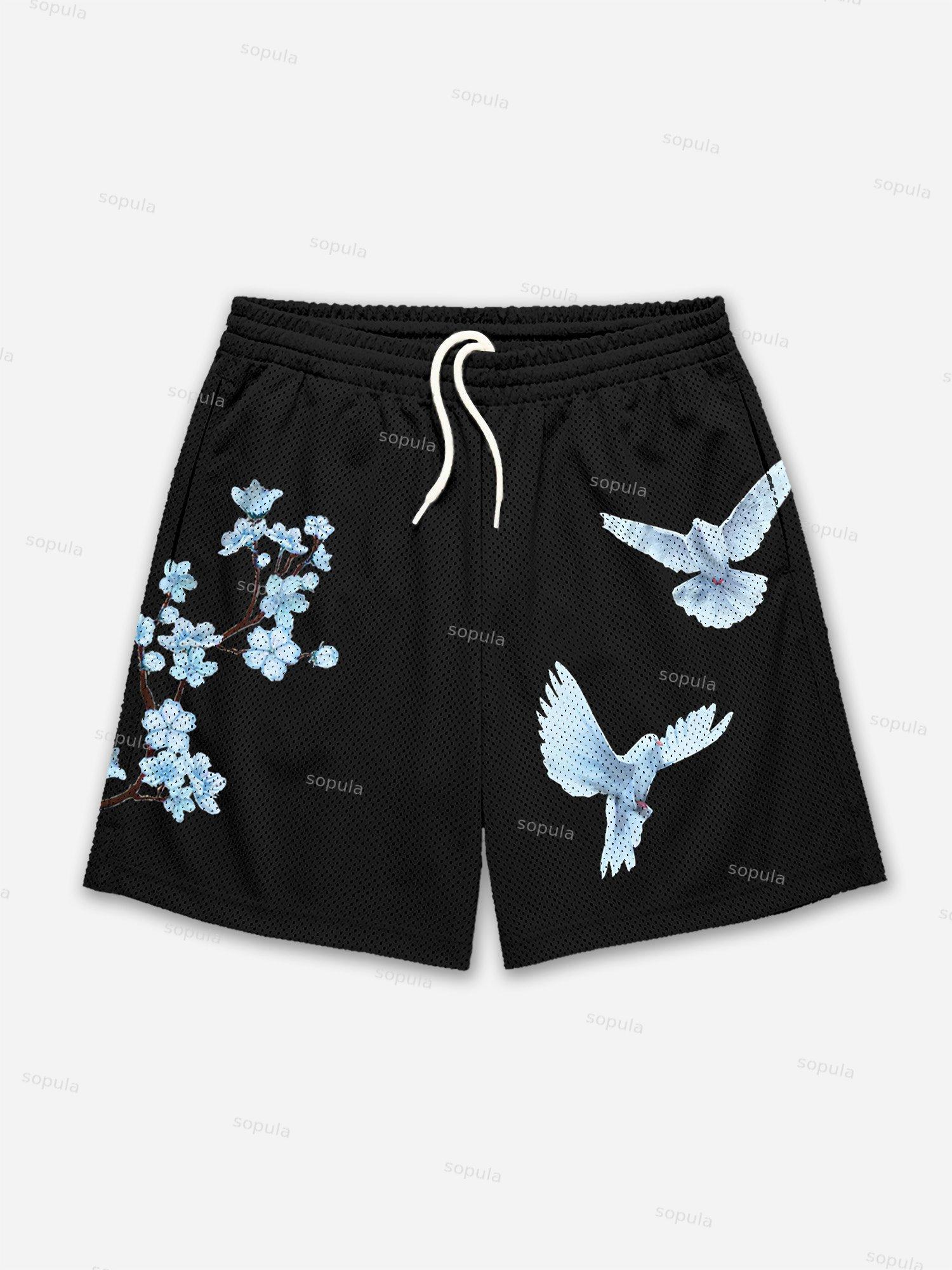 Sopula Cherry Blossom Dove Print Graphic Men's Mesh Shorts Product Image