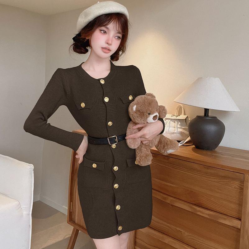 Long-Sleeve Crew Neck Plain Button-Up Mini Sheath Knit Dress Product Image