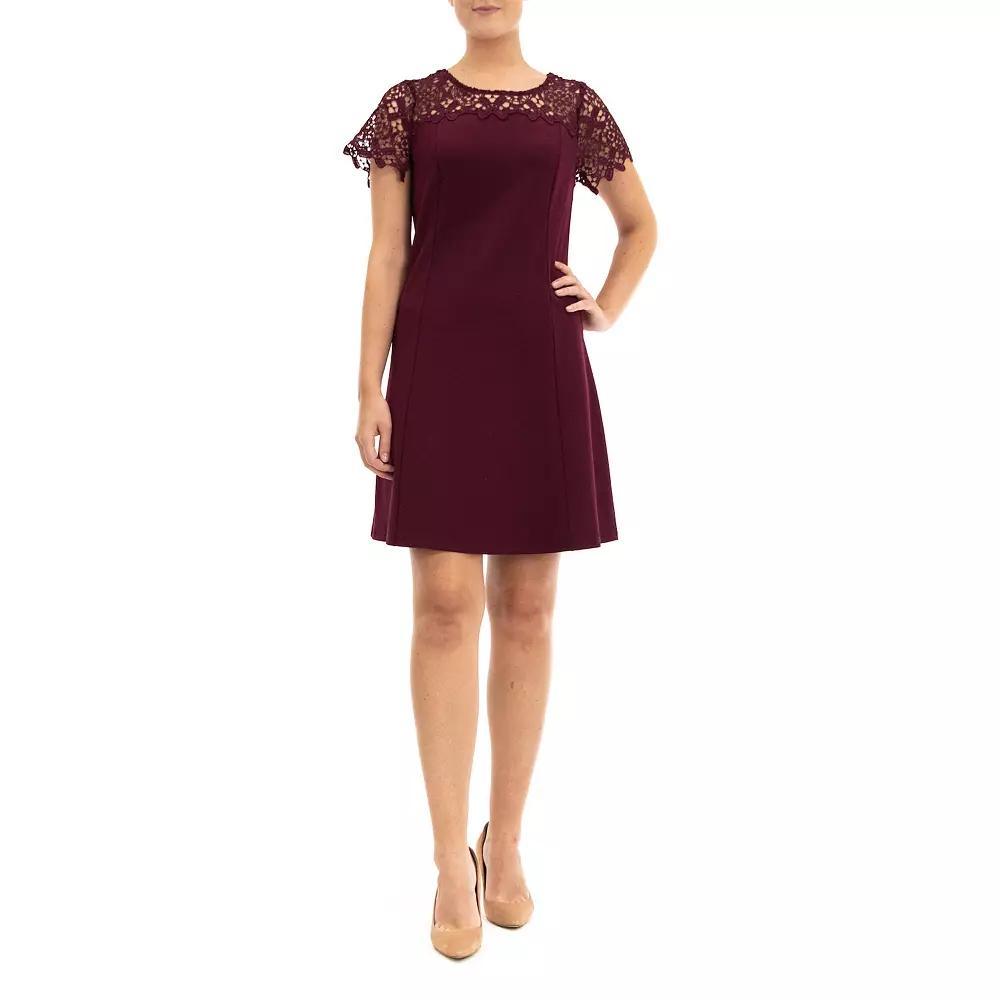 Women's Nina Leonard Lace-Yoke Cap Sleeve A-Line Dress, Size: Large, Deep Red Product Image