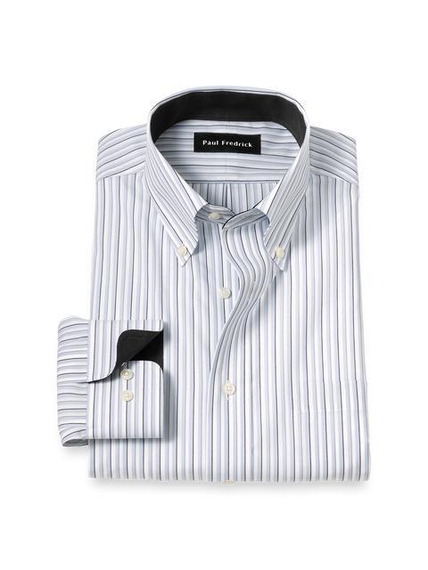 Non-Iron Cotton Stripe Dress Shirt With Contrast Trim - Grey/white Product Image