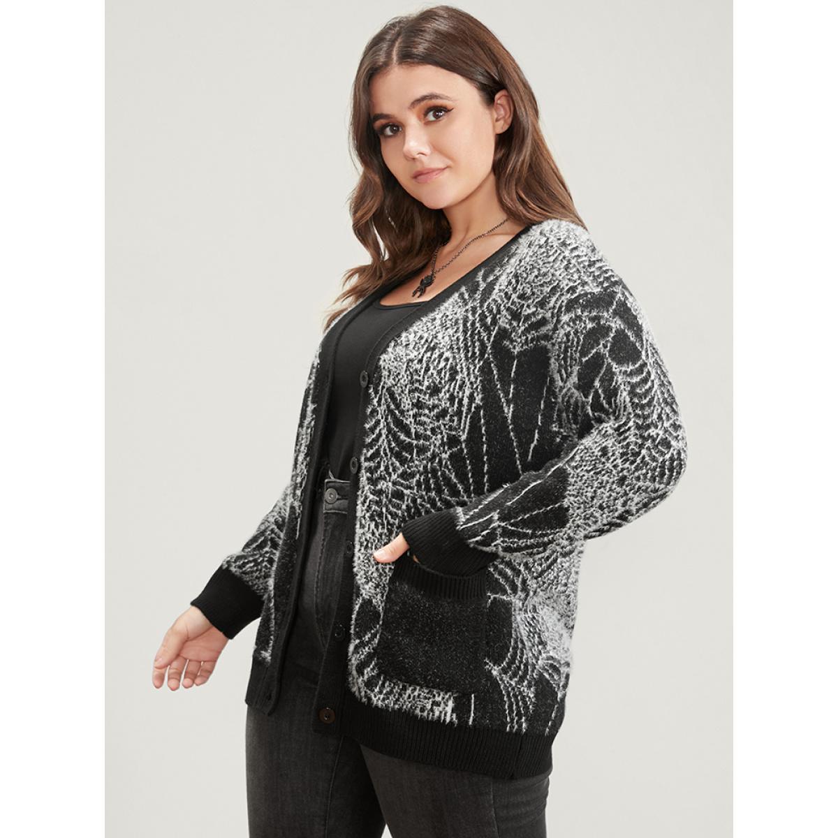 Plus Size Spider Web Plush Knit Pocket Button Front Cardigan BlackFlower Women Elegant Loose Long Sleeve Dailywear Cardigans BloomChic 26/4X Product Image