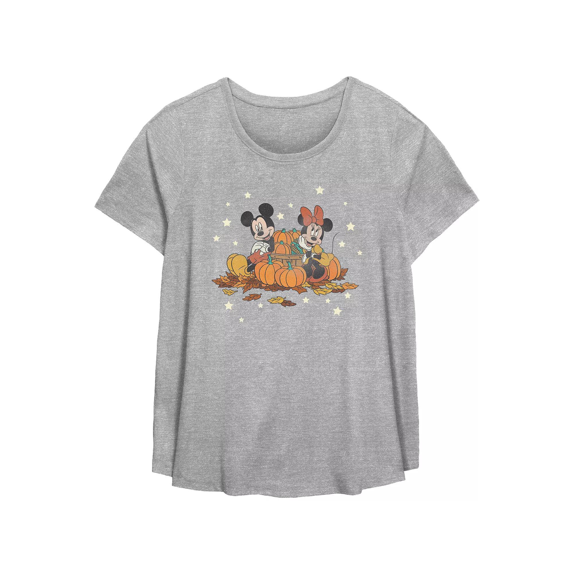 Disneys Mickey Mouse And Minnie Mouse Pumpkin Harvest Plus Size Flowy Graphic Tee, Womens Grey Gray Product Image