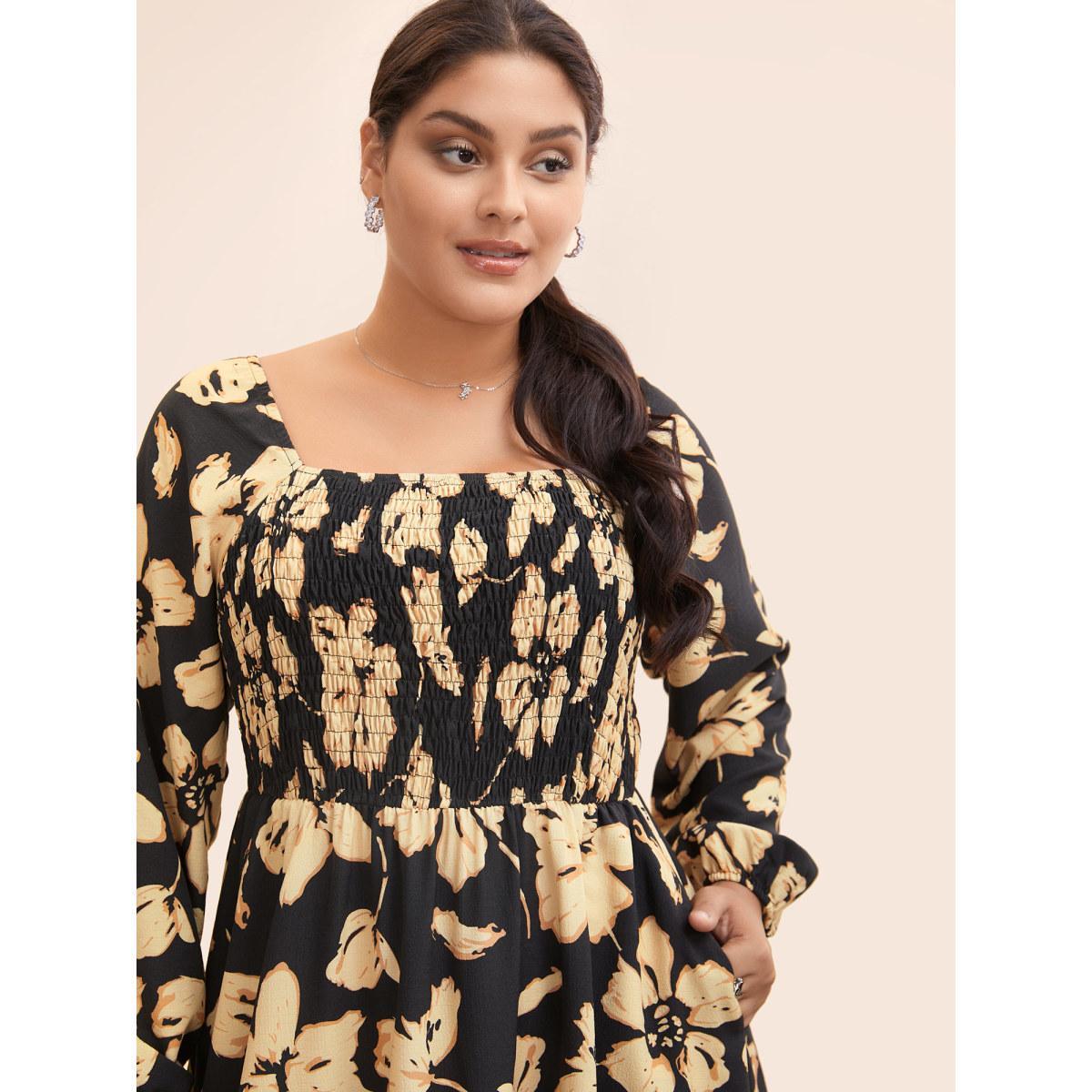 Plus Size Floral Square Neck Shirred Lantern Sleeve Dress Black Women Elegant Shirred Square Neck Long Sleeve Curvy BloomChic 30/6X Product Image