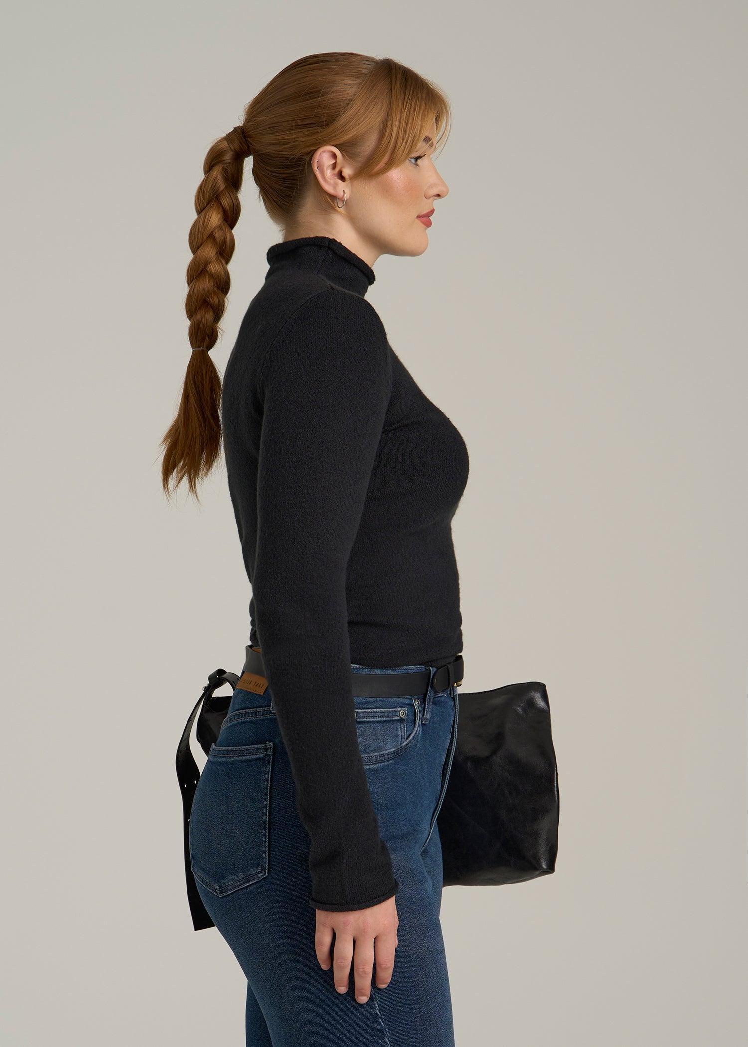 Rolled Mock Neck Sweater for Tall Women in Black Female Product Image